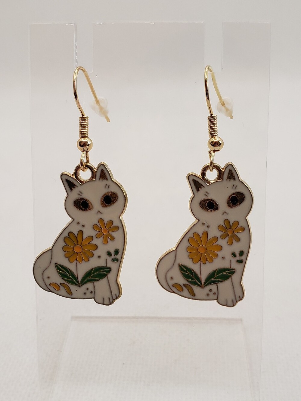 White Cat Earrings with Yellow Flowers